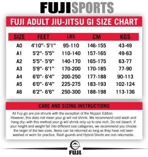 Fuji Adult Jiu Jitsu Gi Size Chart Australia