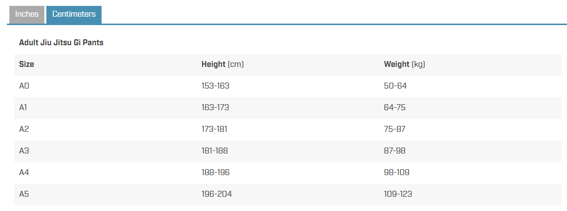 Hyabusa Adult Jiu Jitsu Gi Pants Size Chart